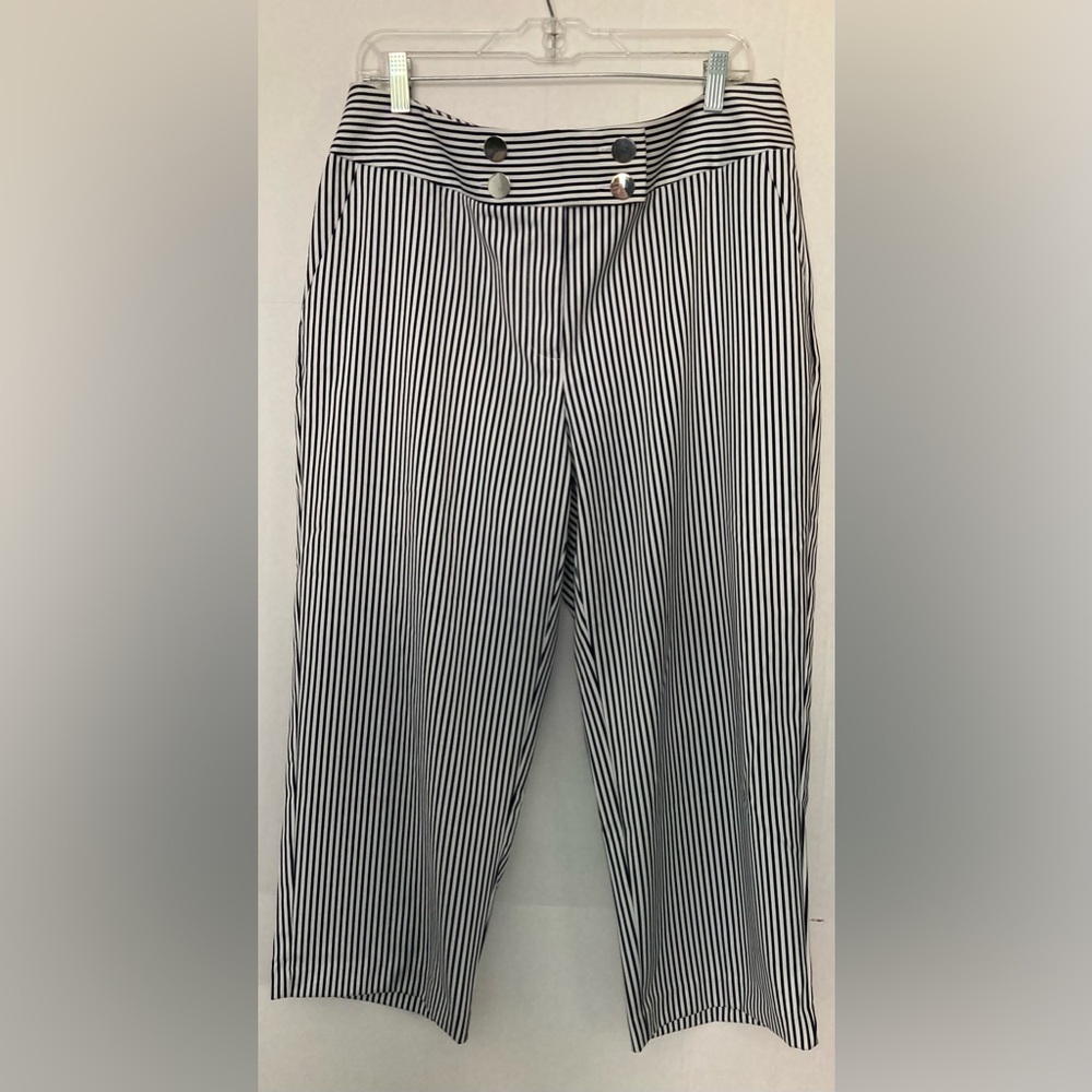 Chicos EUC Size 2 White/Blue Stripes Crop Stretch 4 Button Zipper Pants